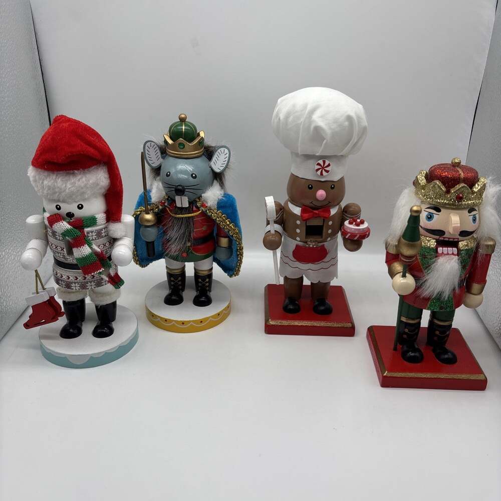 Christmas Wooden Nutcracker Figurine Lot of 4 Mouse King Gingerbread Chef King